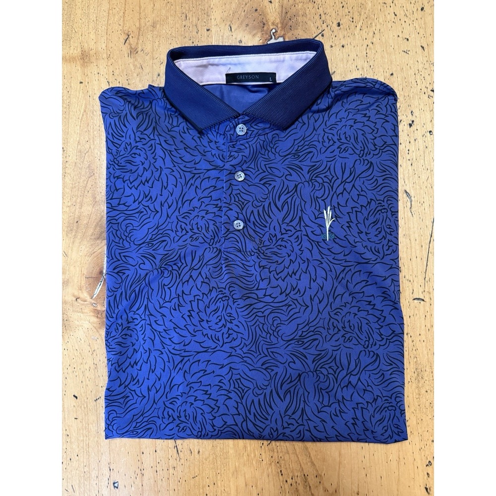 Greyson Polo Shirt Mens L Purple Wolf Print Performance Golf Casual Golf Logo